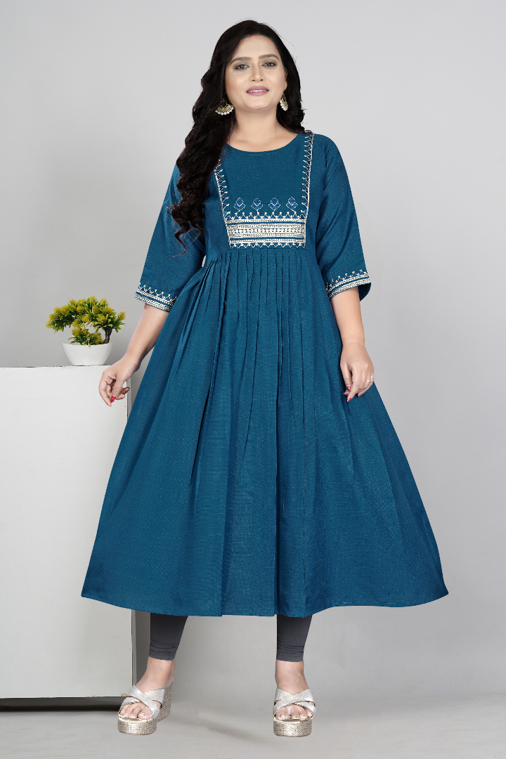Women Embroidered Cotton Slub Anarkali Kurti | Elegant Ethnic Wear