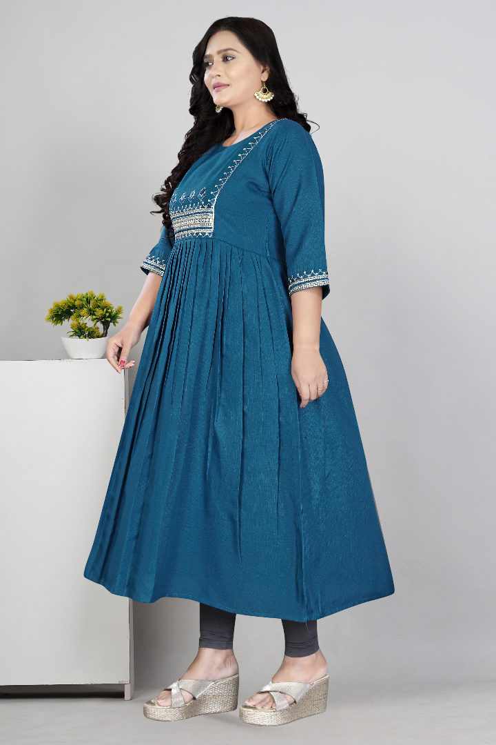 Women Embroidered Cotton Slub Anarkali Kurti | Elegant Ethnic Wear