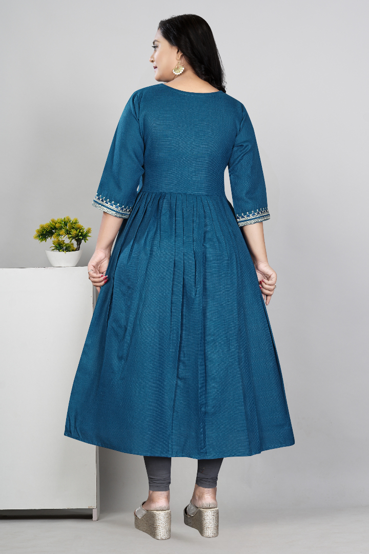 Women Embroidered Cotton Slub Anarkali Kurti | Elegant Ethnic Wear