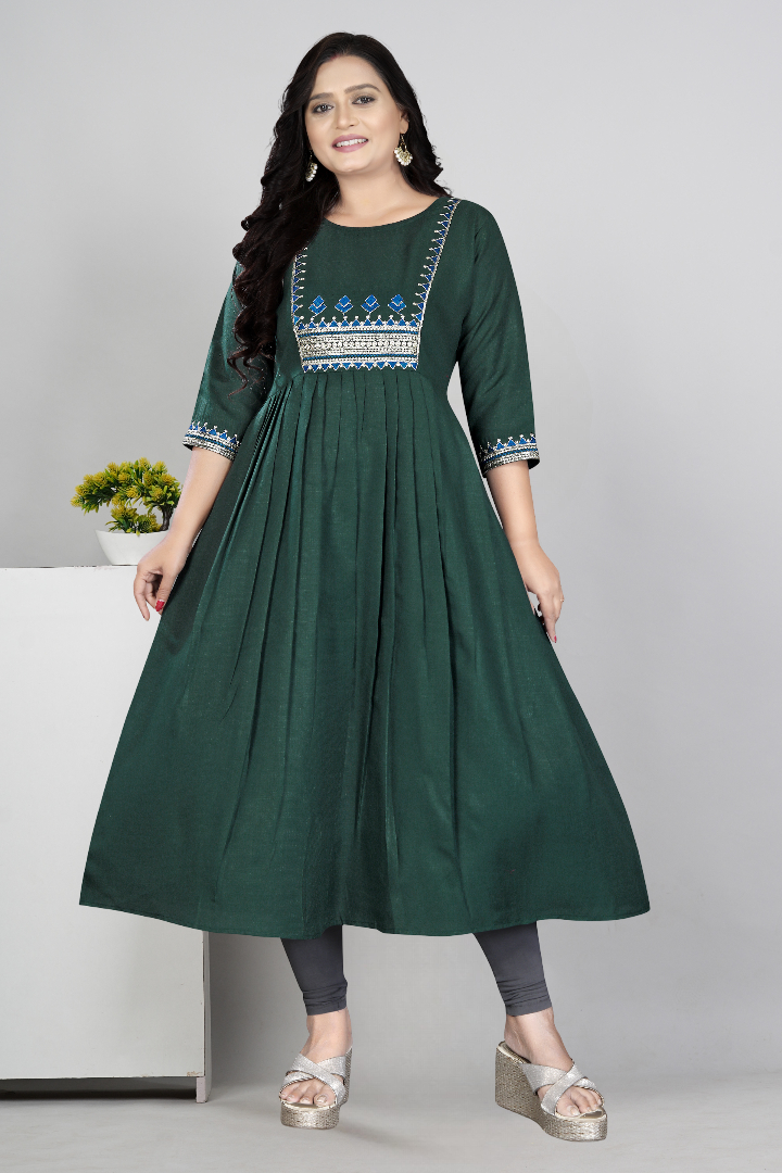 Women Embroidered Cotton Slub Anarkali Kurti | Elegant Ethnic Wear