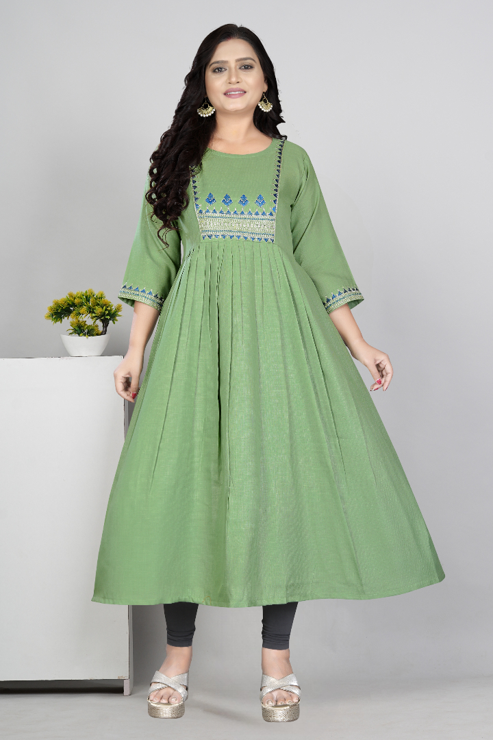 Women Embroidered Cotton Slub Anarkali Kurti | Elegant Ethnic Wear