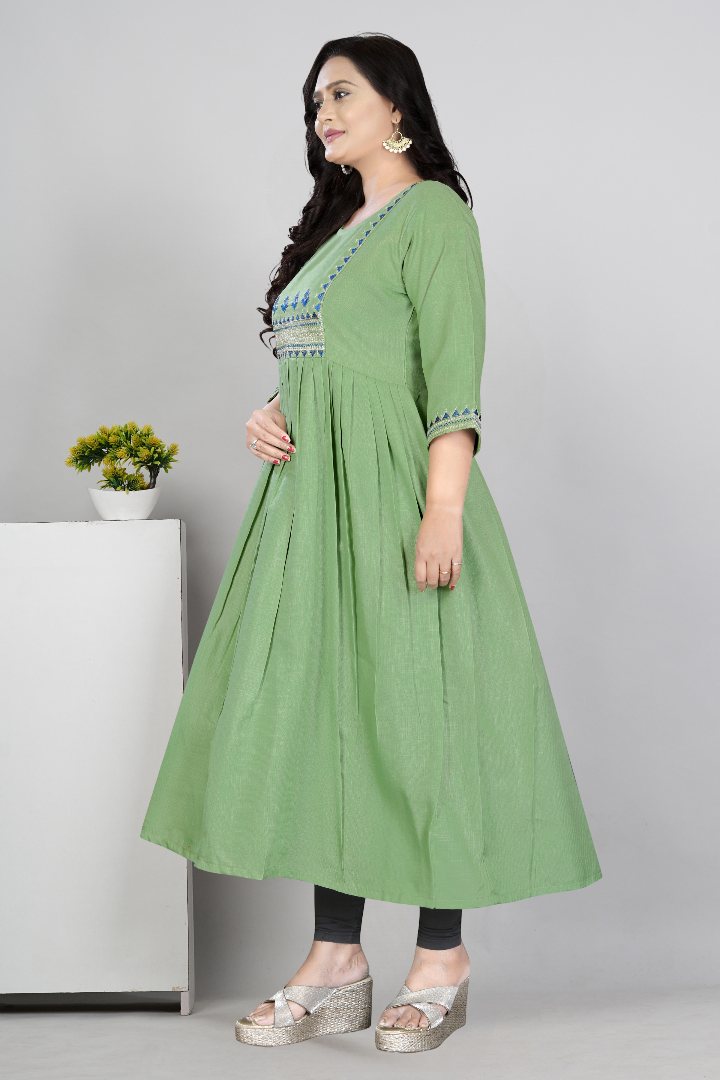 Women Embroidered Cotton Slub Anarkali Kurti | Elegant Ethnic Wear