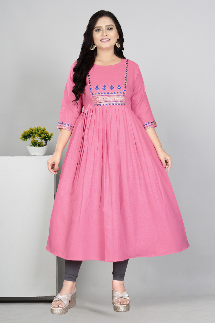 Women Embroidered Cotton Slub Anarkali Kurti | Elegant Ethnic Wear