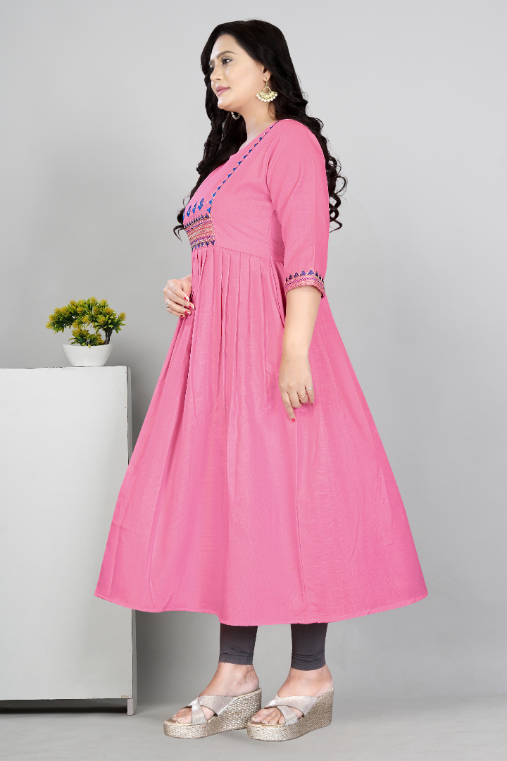 Women Embroidered Cotton Slub Anarkali Kurti | Elegant Ethnic Wear