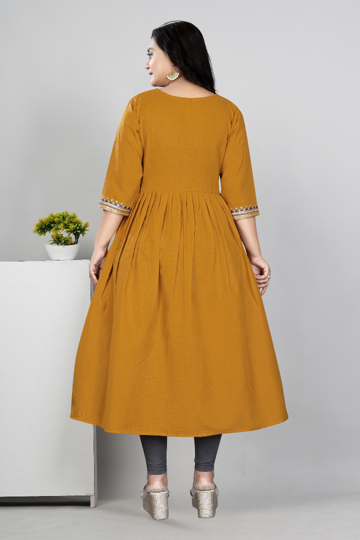 Women Embroidered Cotton Slub Anarkali Kurti | Elegant Ethnic Wear