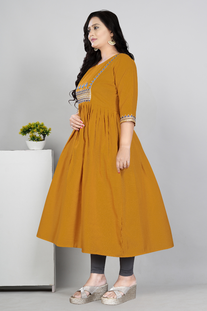 Women Embroidered Cotton Slub Anarkali Kurti | Elegant Ethnic Wear