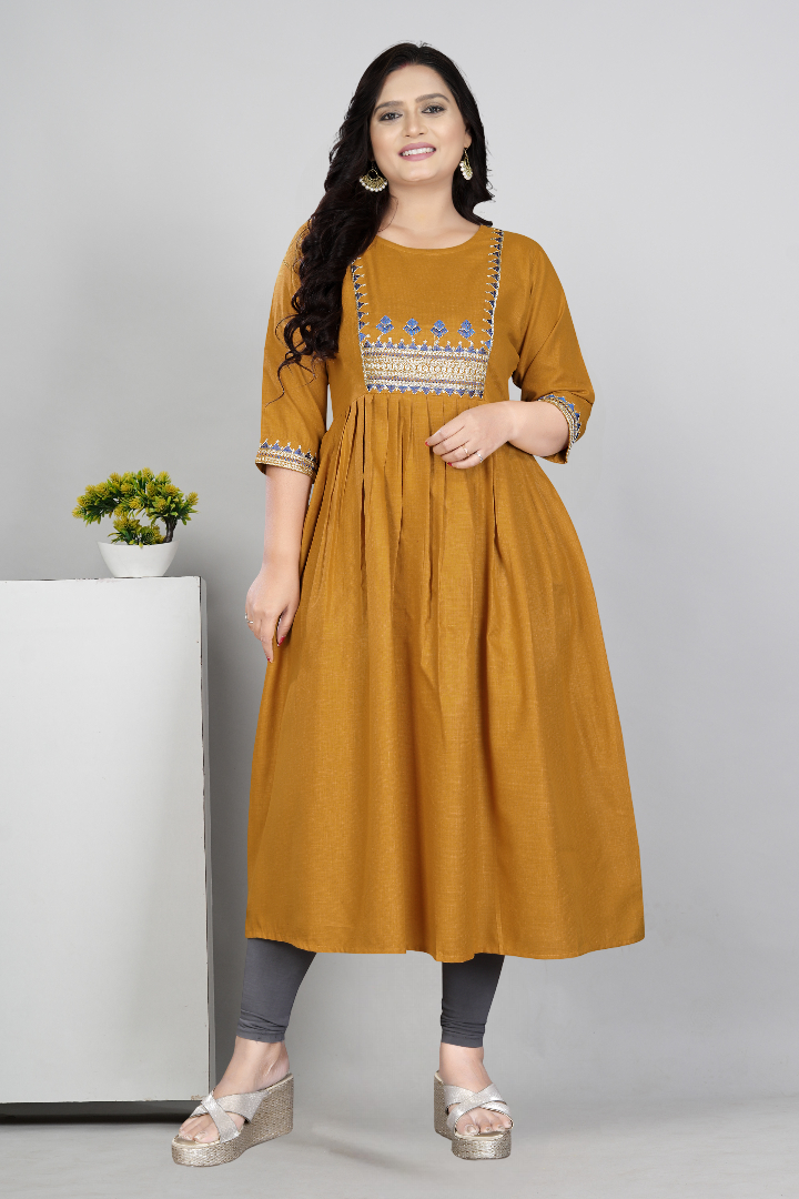Women Embroidered Cotton Slub Anarkali Kurti | Elegant Ethnic Wear