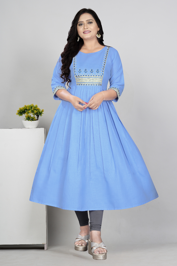 Women Embroidered Cotton Slub Anarkali Kurti | Elegant Ethnic Wear