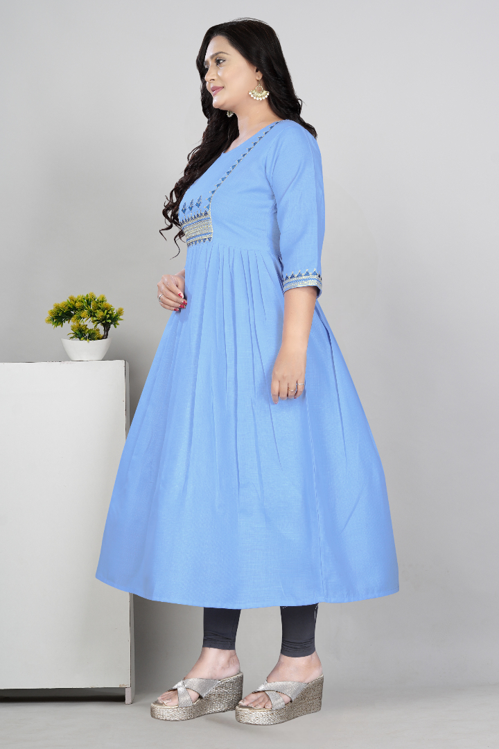 Women Embroidered Cotton Slub Anarkali Kurti | Elegant Ethnic Wear