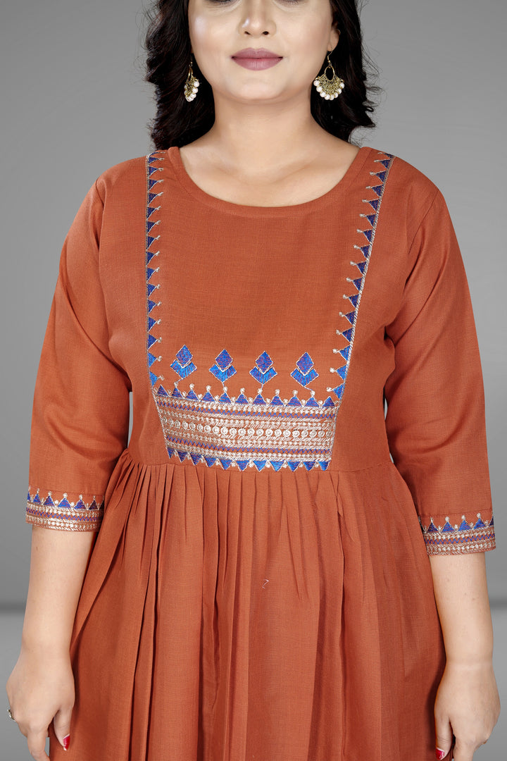 Women Embroidered Cotton Slub Anarkali Kurti | Elegant Ethnic Wear