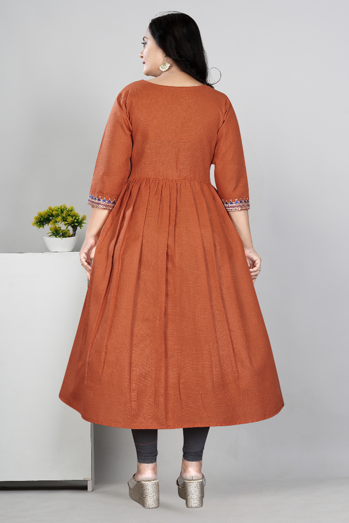 Women Embroidered Cotton Slub Anarkali Kurti | Elegant Ethnic Wear