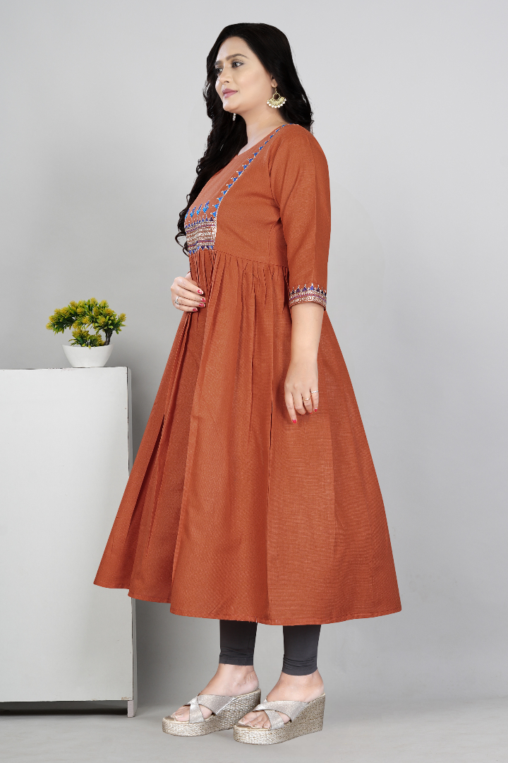 Women Embroidered Cotton Slub Anarkali Kurti | Elegant Ethnic Wear