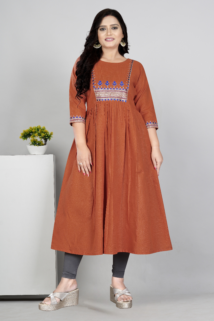 Women Embroidered Cotton Slub Anarkali Kurti | Elegant Ethnic Wear
