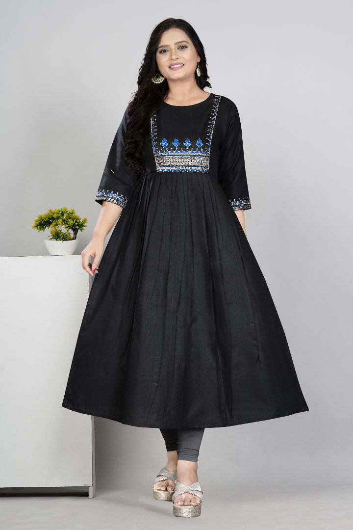 Women Embroidered Cotton Slub Anarkali Kurti | Elegant Ethnic Wear