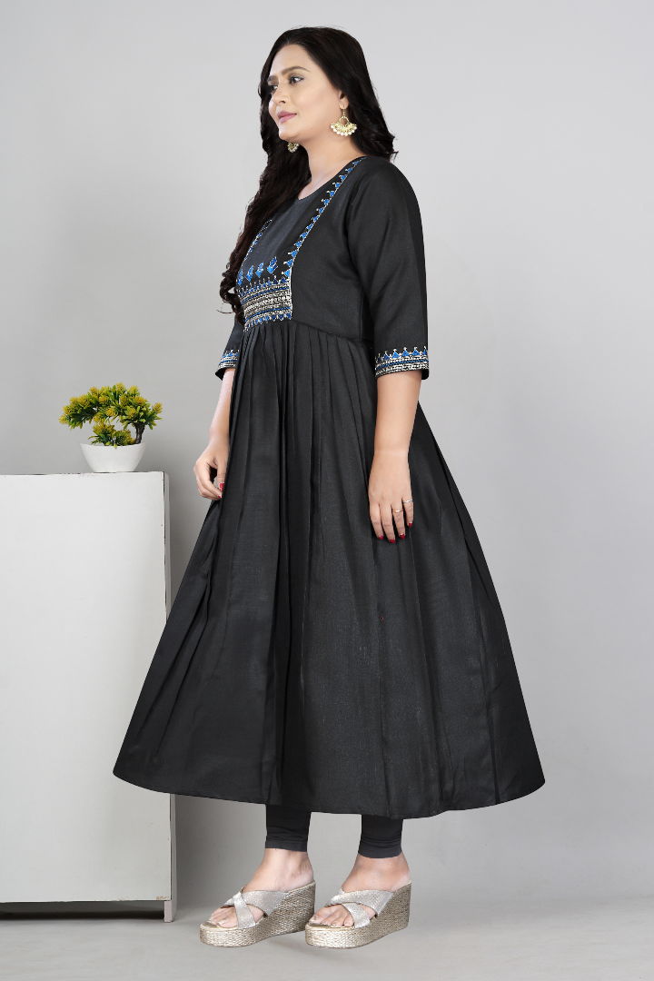 Women Embroidered Cotton Slub Anarkali Kurti | Elegant Ethnic Wear