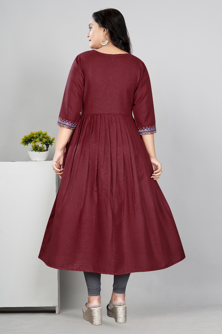 Women Embroidered Cotton Slub Anarkali Kurti | Elegant Ethnic Wear
