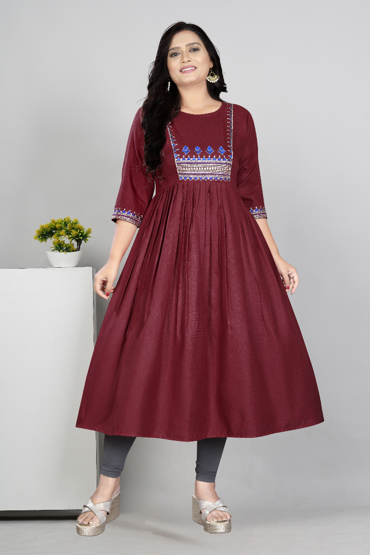 Women Embroidered Cotton Slub Anarkali Kurti | Elegant Ethnic Wear