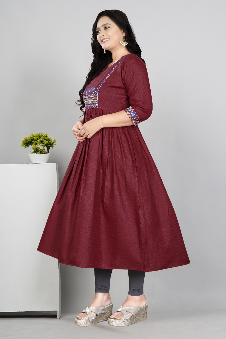 Women Embroidered Cotton Slub Anarkali Kurti | Elegant Ethnic Wear