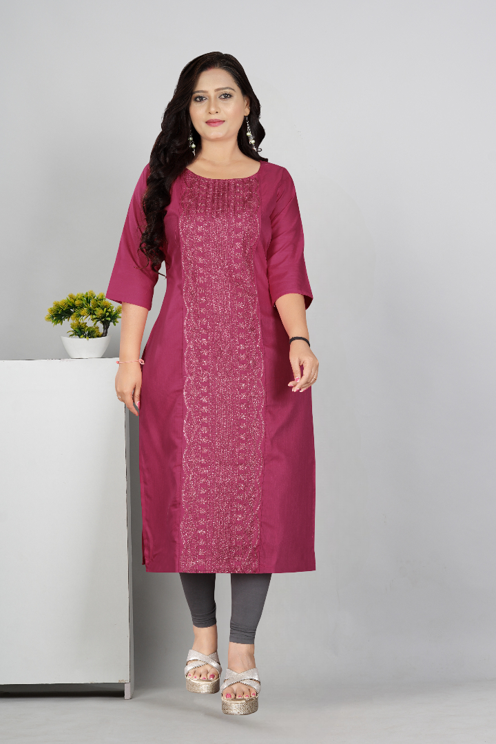 Women’s Embroidered Plus Size Cotton Slub Straight Kurti | Size M to 6XL