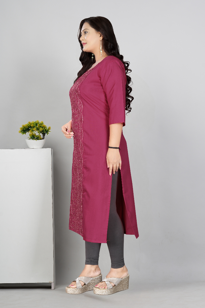 Women’s Embroidered Plus Size Cotton Slub Straight Kurti | Size M to 6XL