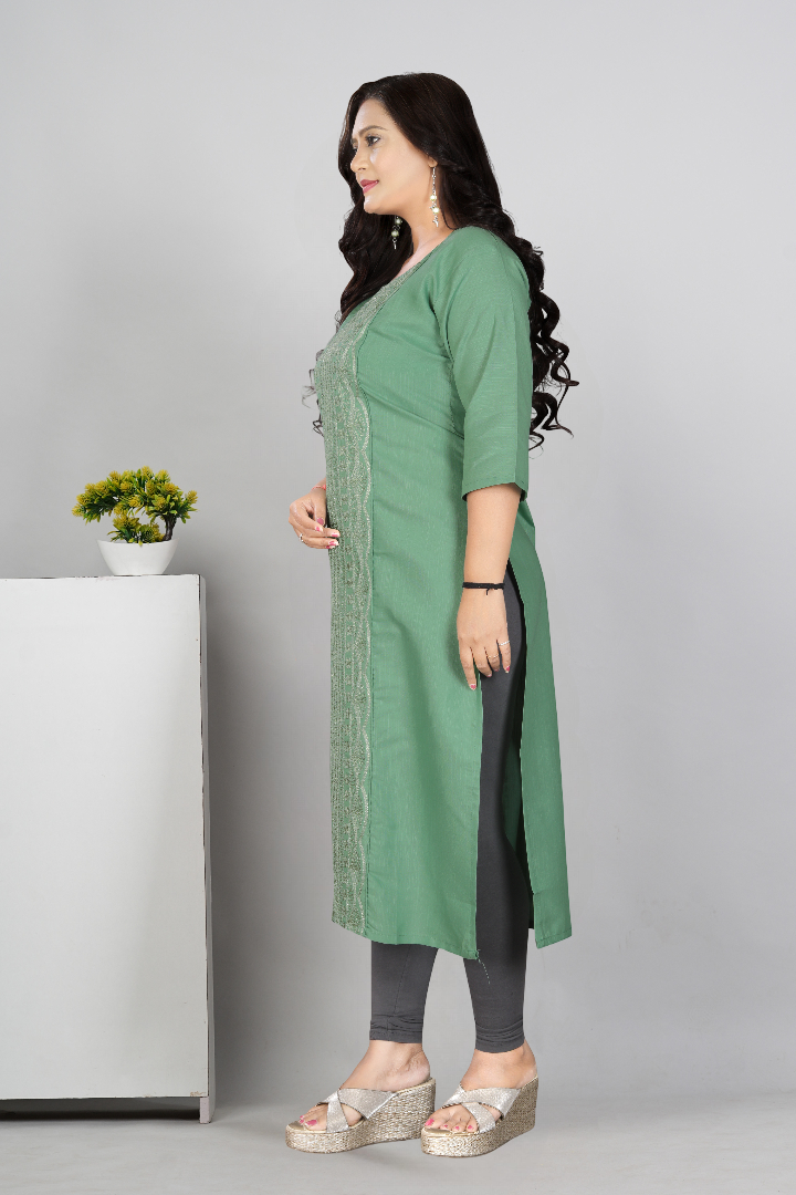 Women’s Embroidered Plus Size Cotton Slub Straight Kurti | Size M to 6XL