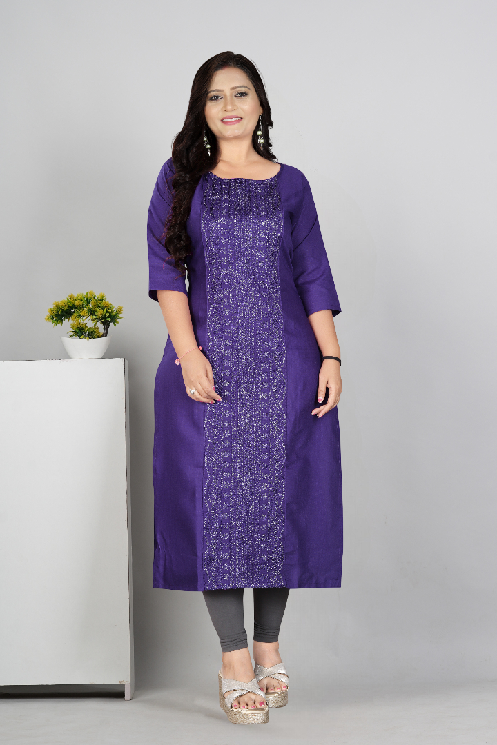 Women’s Embroidered Plus Size Cotton Slub Straight Kurti | Size M to 6XL