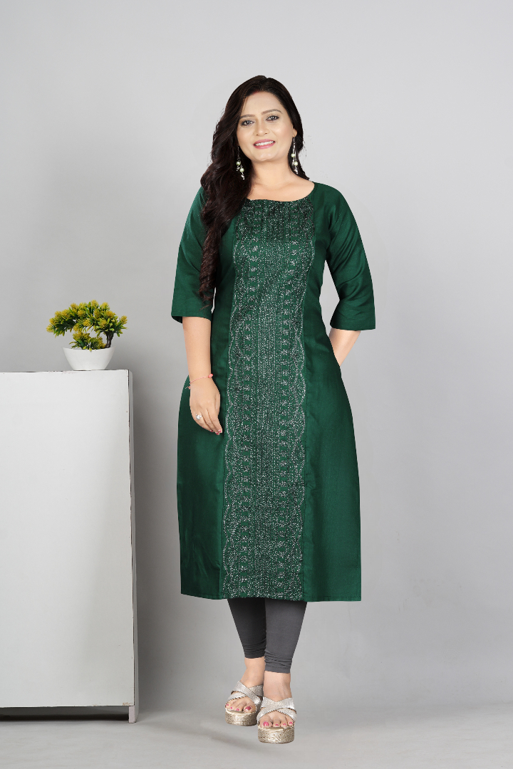Women’s Embroidered Plus Size Cotton Slub Straight Kurti | Size M to 6XL