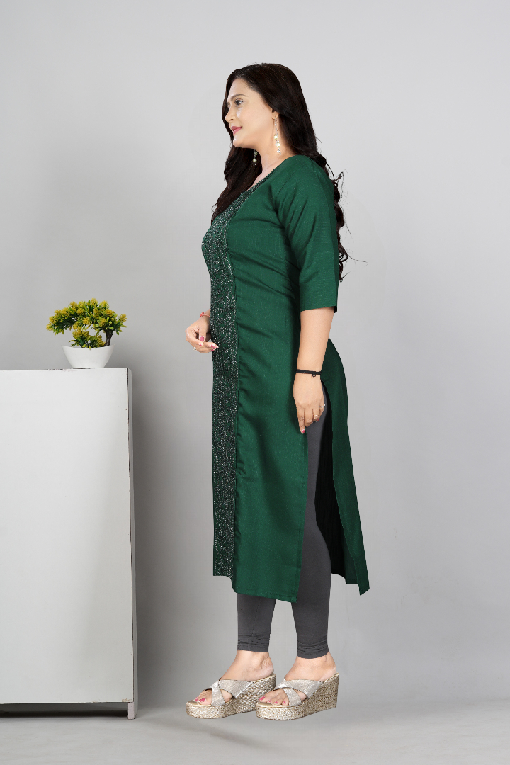 Women’s Embroidered Plus Size Cotton Slub Straight Kurti | Size M to 6XL