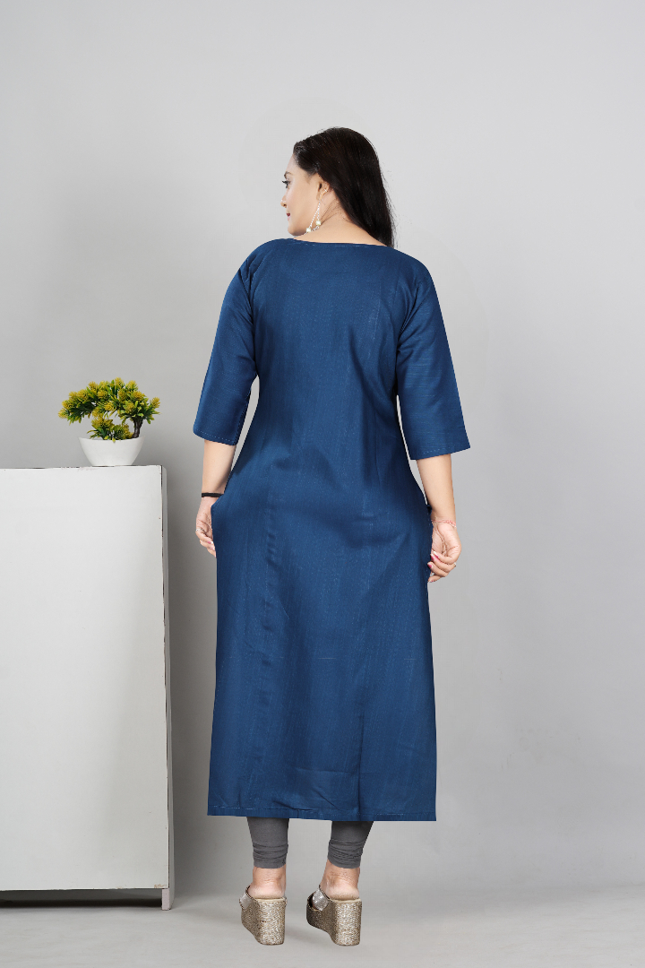 Women’s Embroidered Plus Size Cotton Slub Straight Kurti | Size M to 6XL