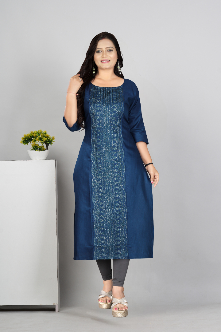 Women’s Embroidered Plus Size Cotton Slub Straight Kurti | Size M to 6XL