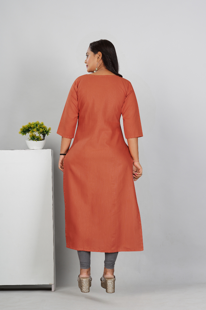 Women’s Embroidered Plus Size Cotton Slub Straight Kurti | Size M to 6XL