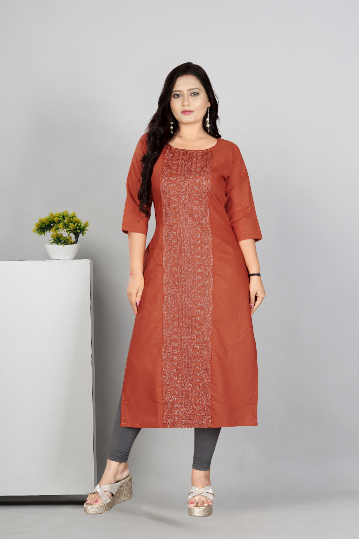 Women’s Embroidered Plus Size Cotton Slub Straight Kurti | Size M to 6XL