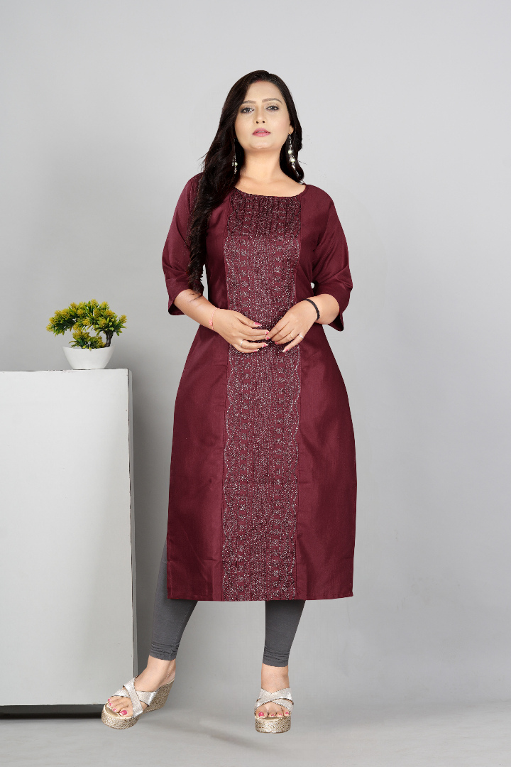 Women’s Embroidered Plus Size Cotton Slub Straight Kurti | Size M to 6XL