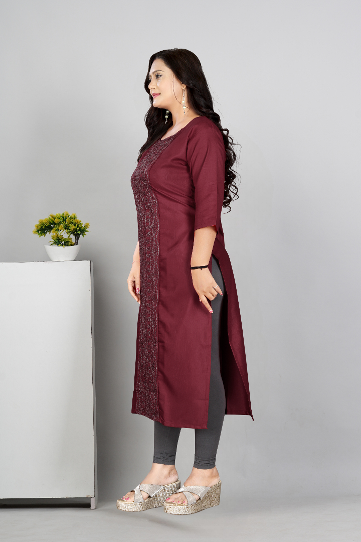 Women’s Embroidered Plus Size Cotton Slub Straight Kurti | Size M to 6XL