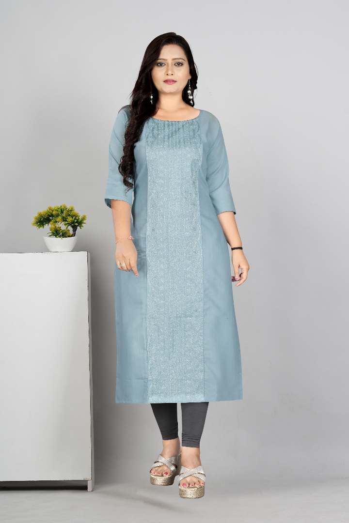 Women’s Embroidered Plus Size Cotton Slub Straight Kurti | Size M to 6XL