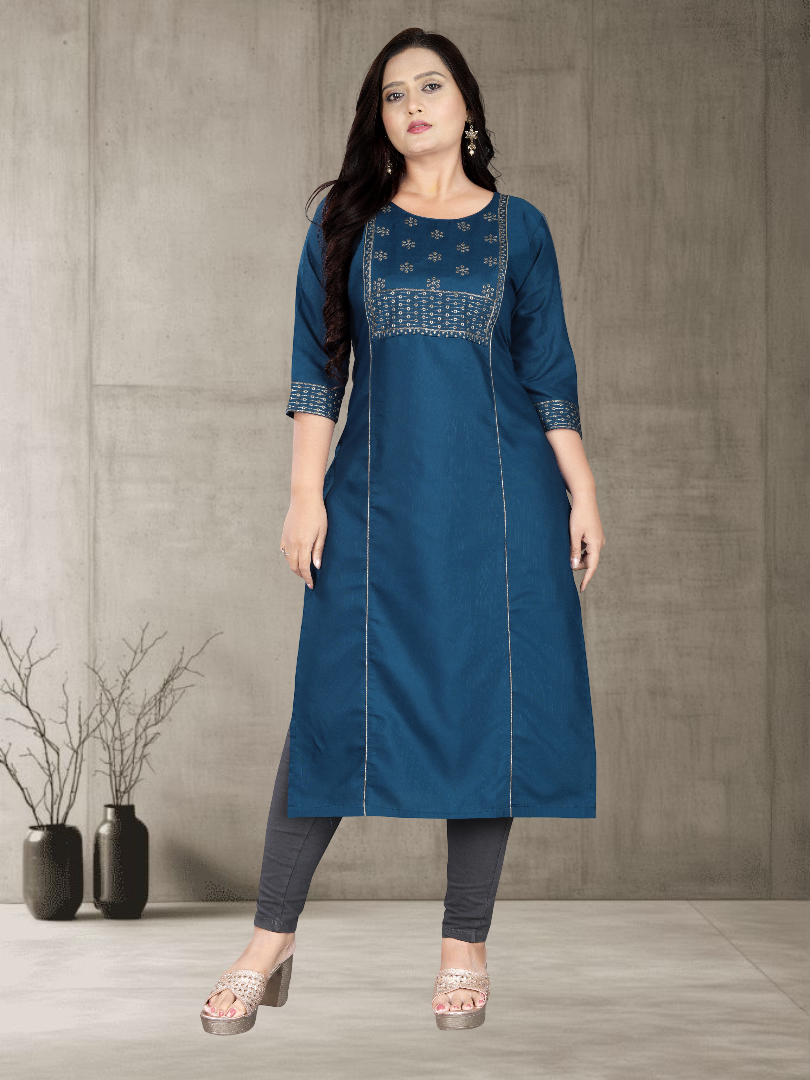 Women’s Elegant Cotton Slub Embroidered Kurti | Plus Size | M to 6XL