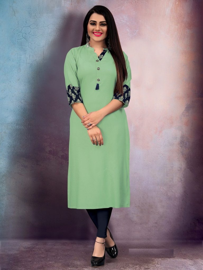 Pista Green Color Anarkali Style Cotton Kurti (She Kurti 652)